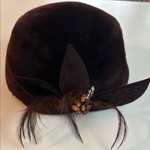 1940’s Elegant Brown Fur Hat with Feather Accent